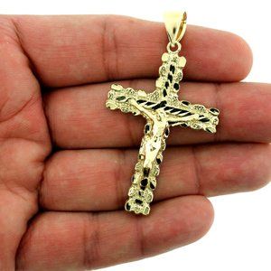 Real 10K Yellow Gold Large Nugget Cross Pendant